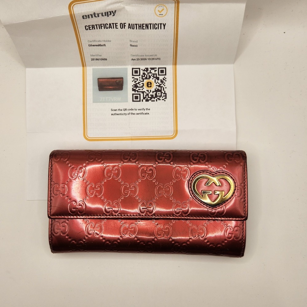 COA Gucci Guccissima Patent Leather Heart Interlocking G Continental Wallet Red